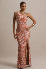 Florica | Zebra Print Mesh Asymmetric Maxi Dress With Split