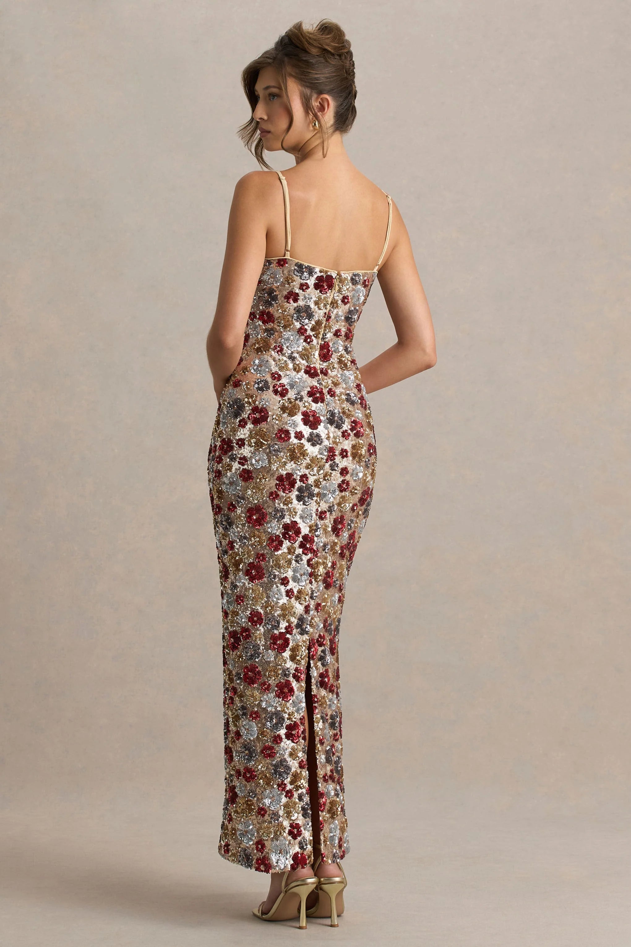 Vitora | Red Floral Embellished Sequin Square-Neck Maxi Dress