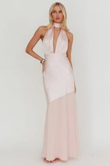 Italia Azure Halterneck Sheer Hem Maxi Dress Blush