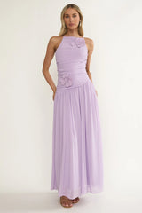 Brighten Drop Waist Flower Accent Maxi Dress Lilac
