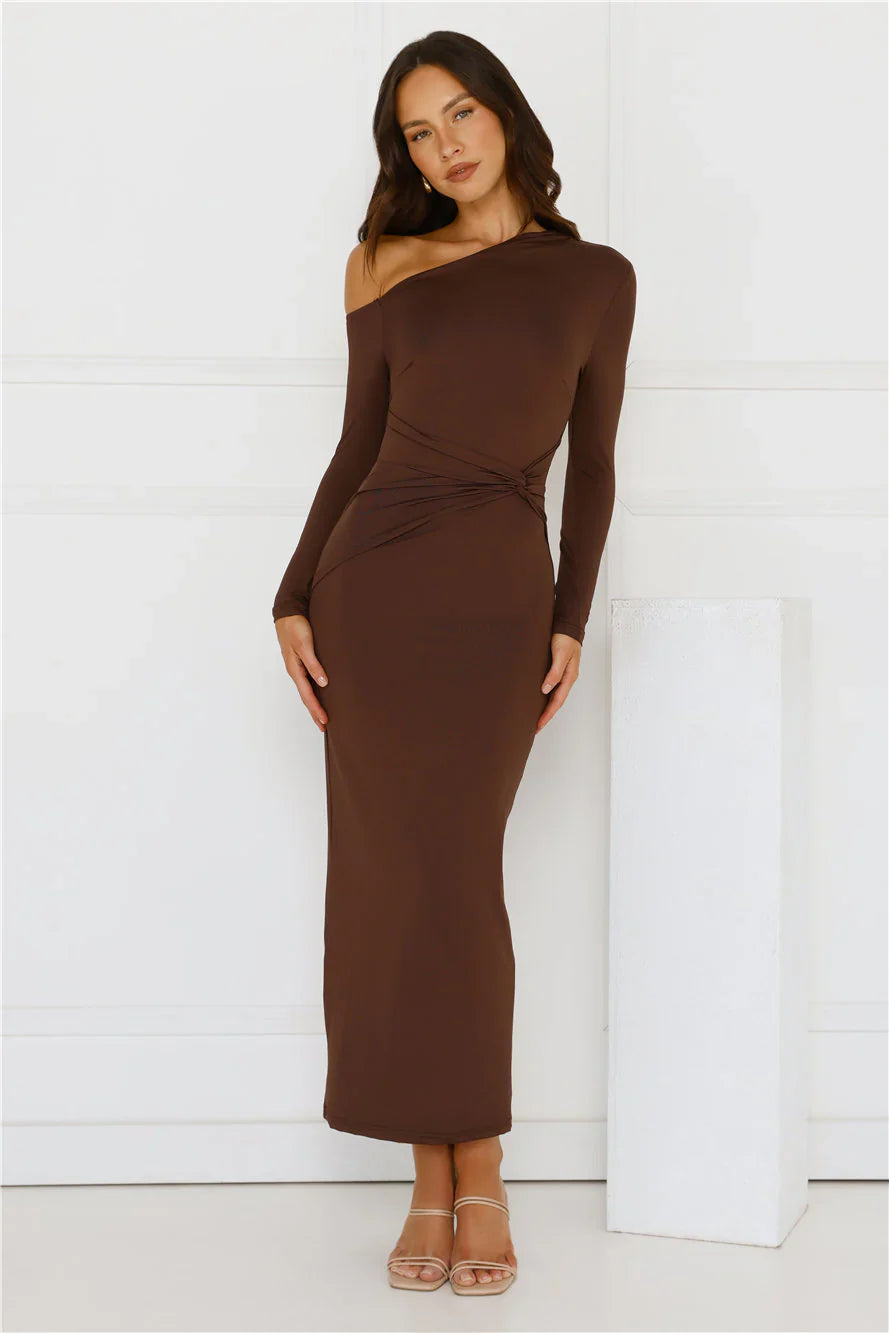 Looks That Talk Off Shoulder Maxi Dress Brown