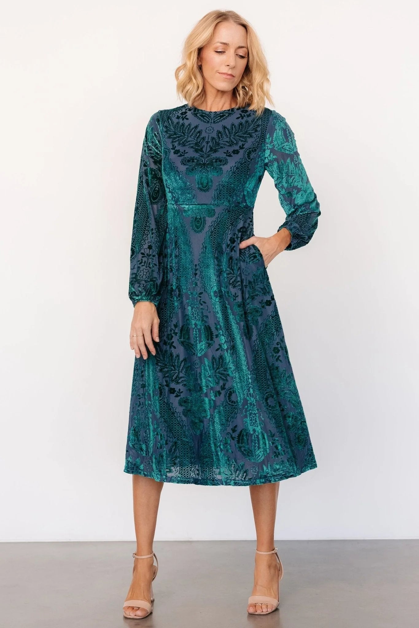 Lorielle Velvet Midi Dress | Emerald Print