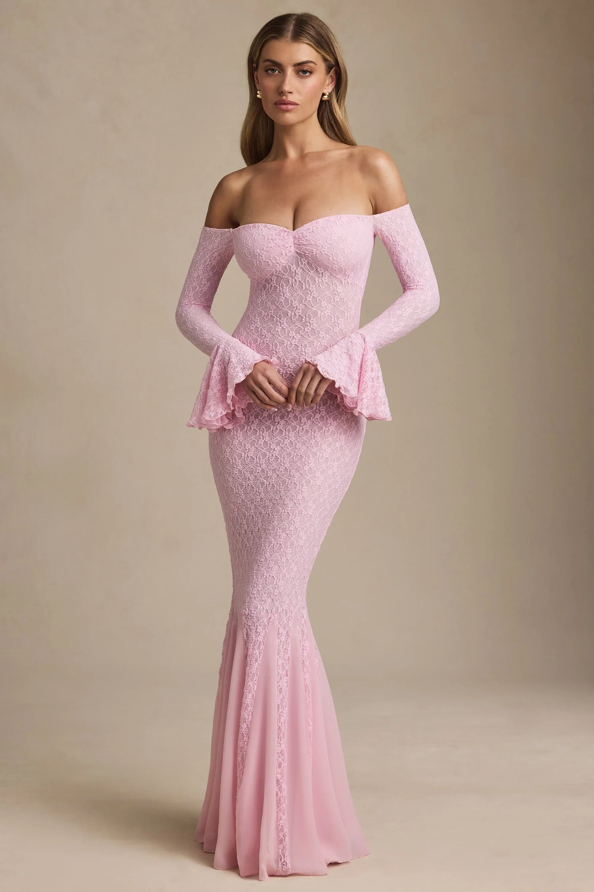 Off-Shoulder Ruffle Lace Maxi Dress in Soft Pink