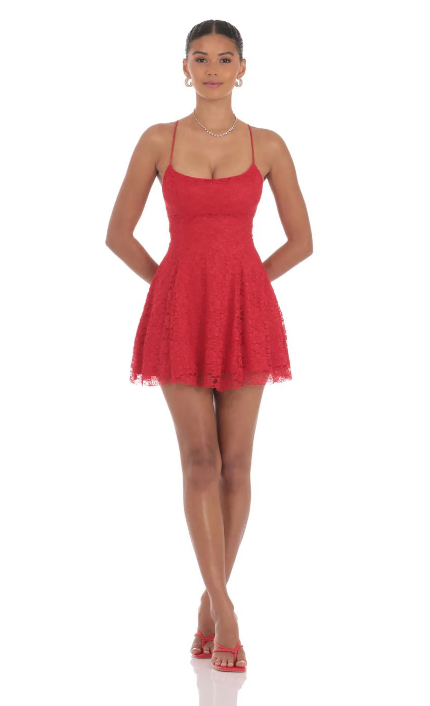 Lace Floral Mini Dress in Red