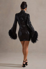 Cupid | Black Sequin High-Neck Mini Dress With Feather Cuffs