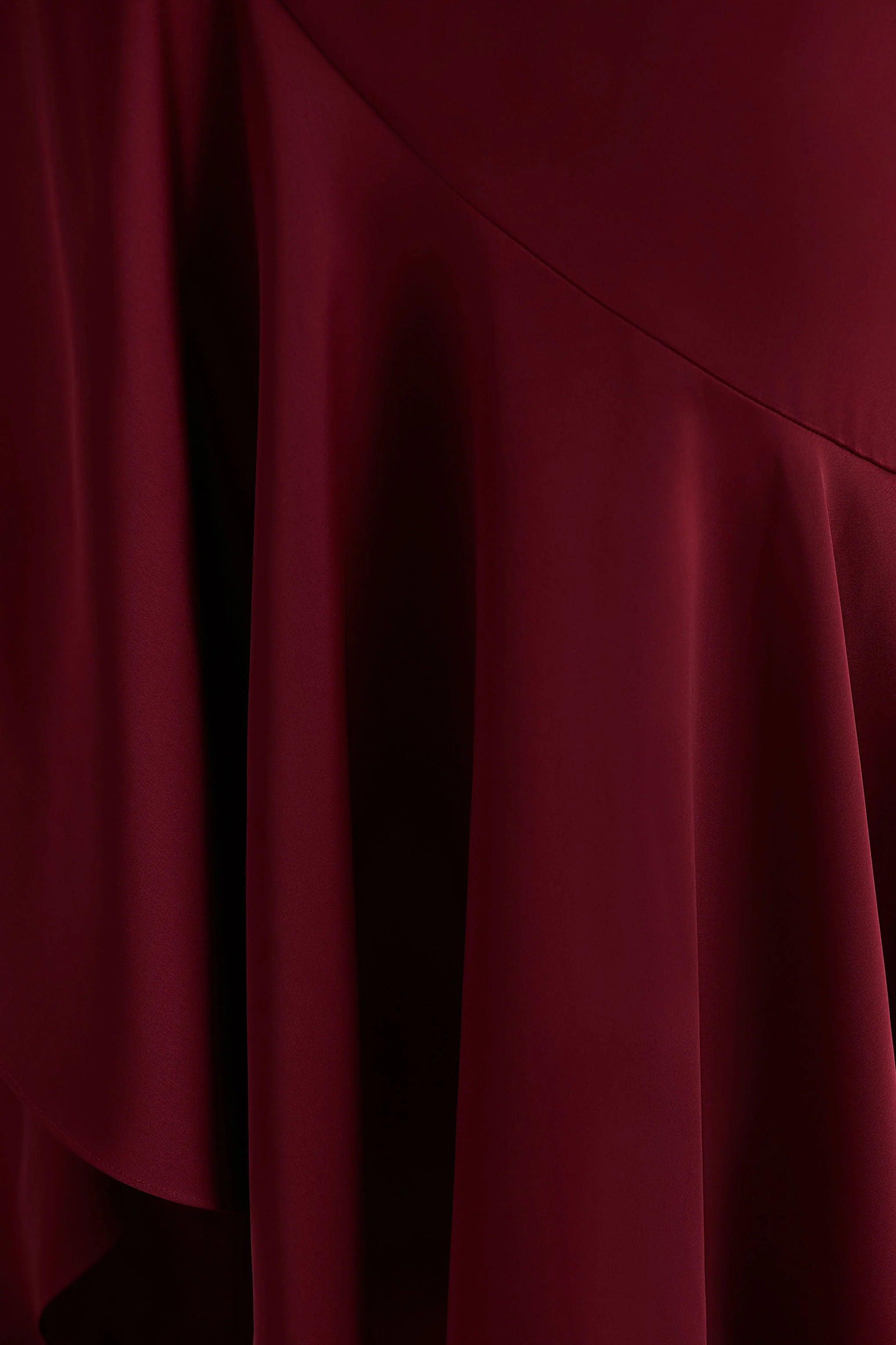 Rosy | Burgundy Satin Boat-Neck Maxi Dress With Front Split And Ruffled Detailing